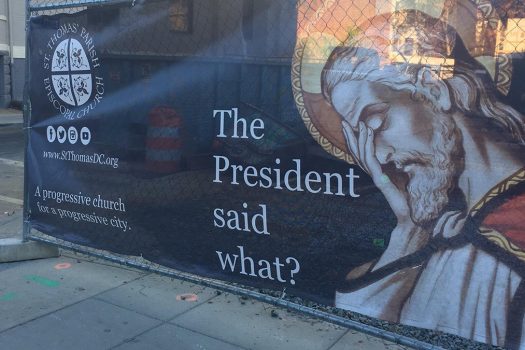 church sign saying showing Jesus with his head in his hands saying, the president said what?