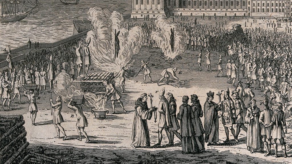 an auto-da-fé of the Spanish Inquisition and the execution of sentences by burning heretics